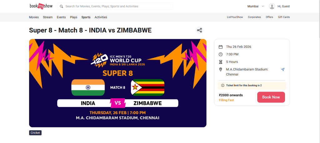 steps to book your tickets for the India vs Zimbabwe Super 8 match