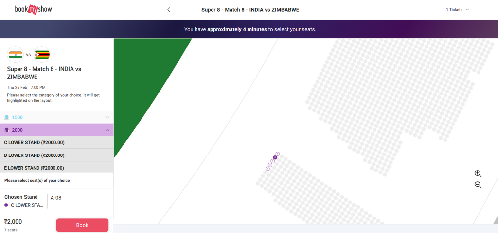 steps to book your tickets for the India vs Zimbabwe Super 8 match
