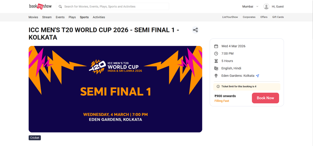 steps to book your tickets for the ICC T20 World Cup 2026 Semi-Final 1