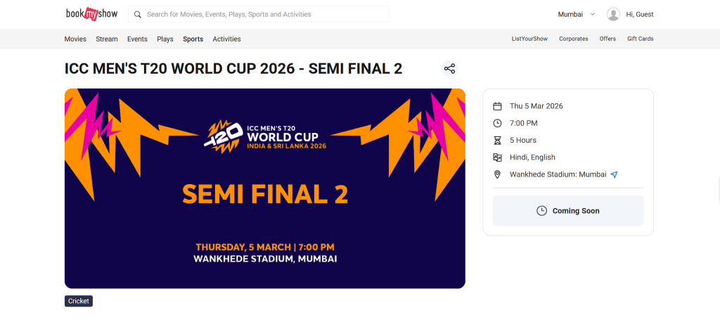 steps to book your seats for the ICC T20 World Cup 2026 Semi-Final 2