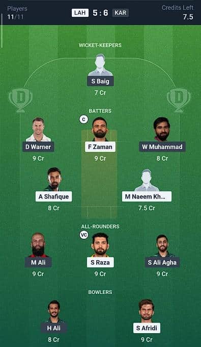 Dream11 Team for Lahore Qalandars vs Karachi Kings
