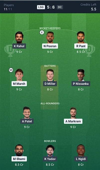 Dream11 Team for Lucknow Super Giants vs Delhi Capitals