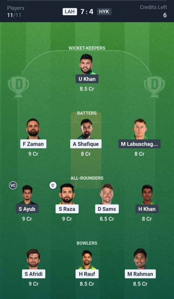 Dream11 Team for Lahore Qalandars vs Hyderabad Kingsmen