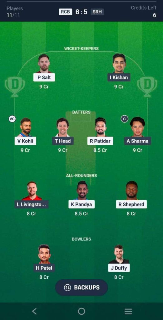 Dream11 Team for RCB vs SRH