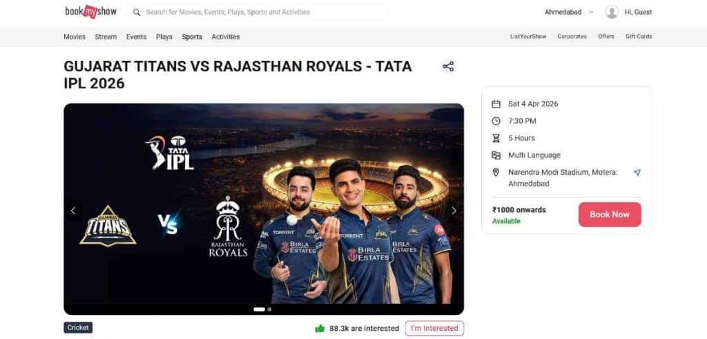Step: 1 Gujarat Titans IPL 2026 Ticket Booking Guide