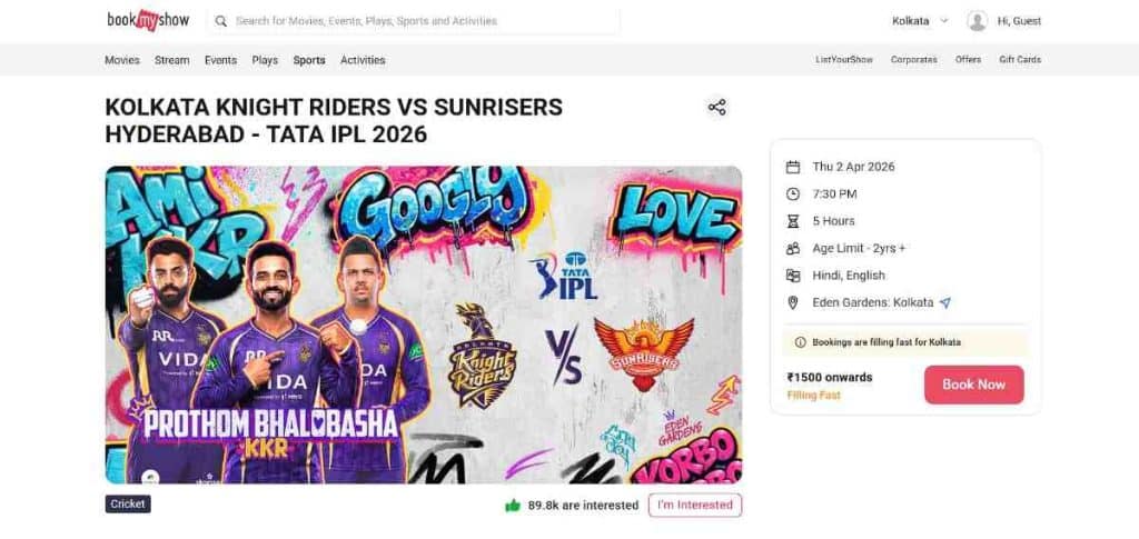 Click “Book Now” on the Match Page