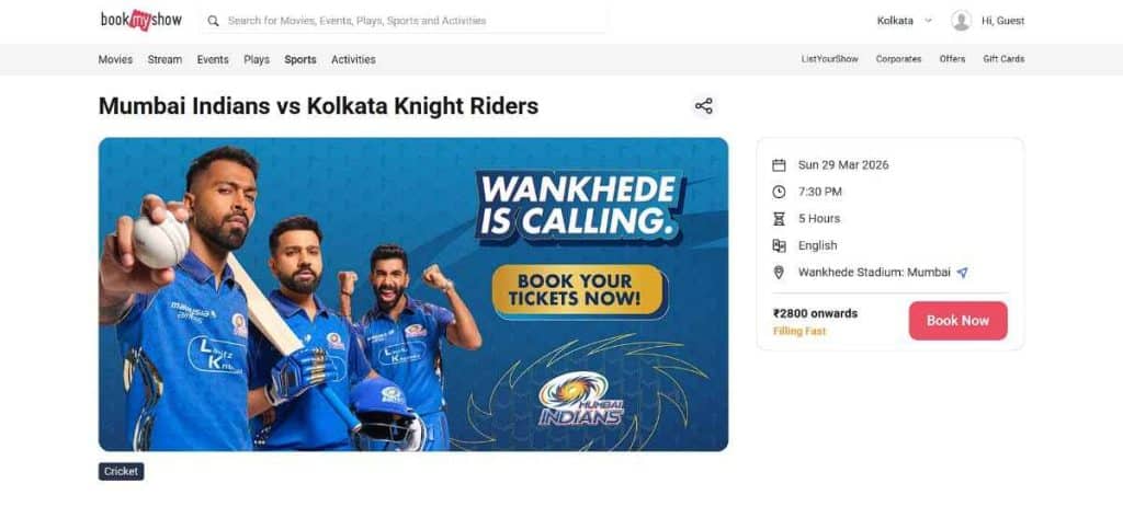 Step1: Ticket Booking Guide MI vs KKR IPL 2026