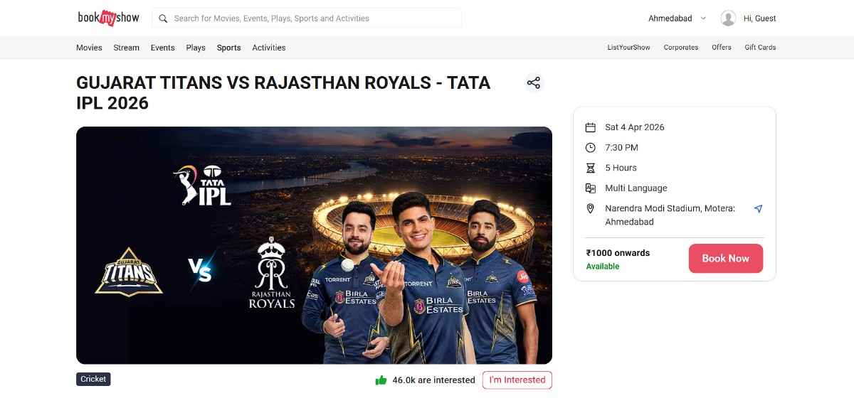 Narendra Modi Stadium IPL 2026 Tickets: Prices & Booking Guide