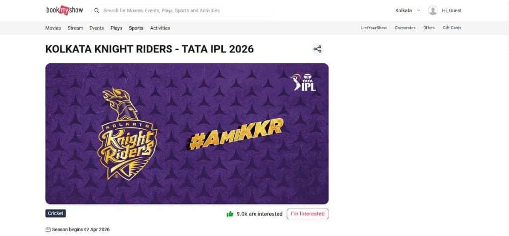 Step1: How to Book KKR's IPL 2026 Tickets from bookmyshow