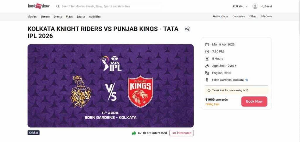 Step2: Booking Guide for IPL 2026 Tickets at Eden Gardens Kolkata