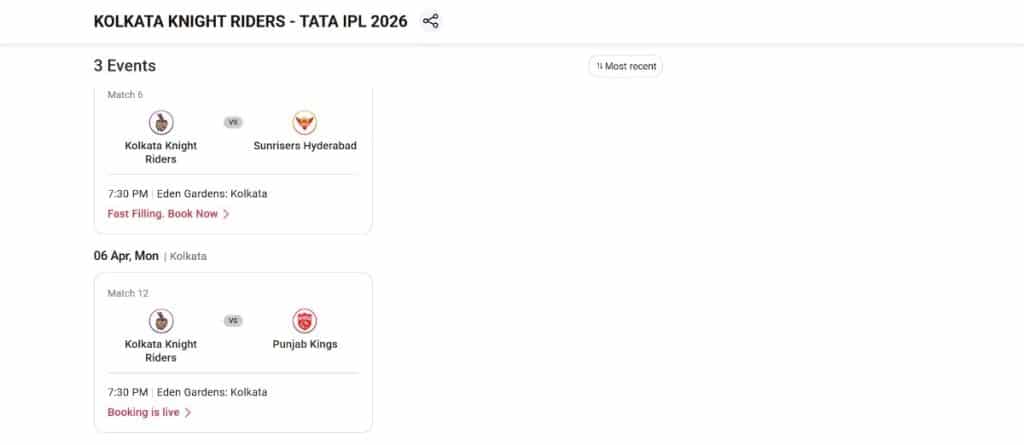 Step2: How to Book KKR's IPL 2026 Tickets from bookmyshow