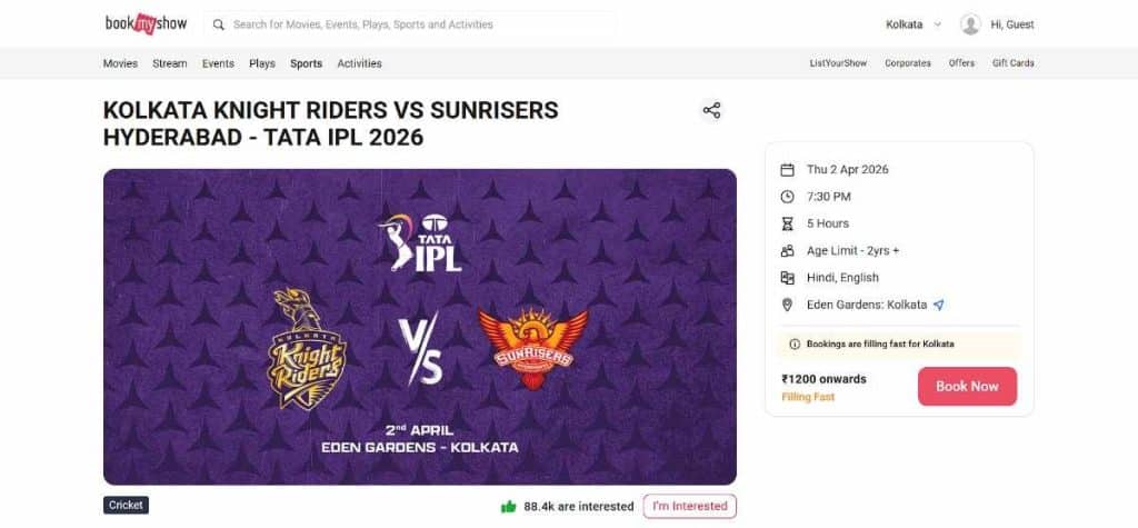 Step3: How to Book KKR's IPL 2026 Tickets from bookmyshow