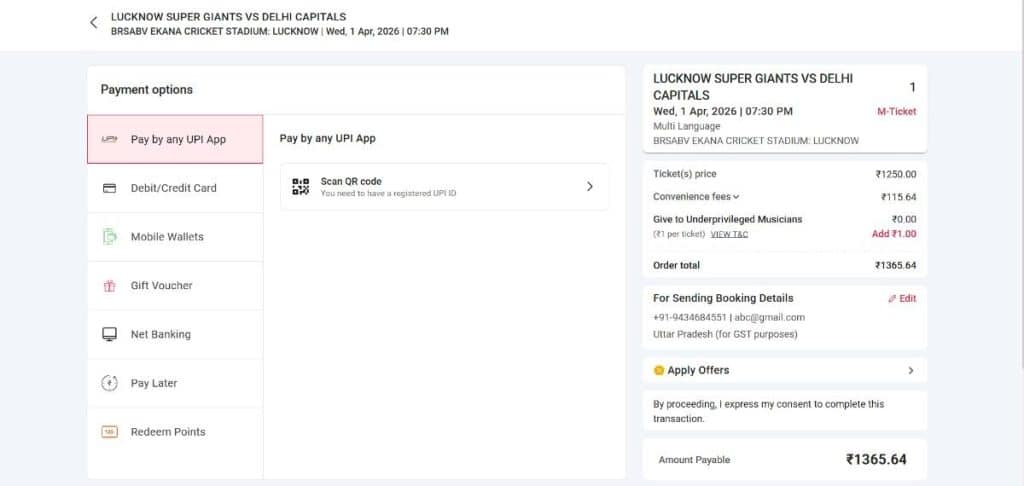 Step 6: LSG vs GT Ticket Booking
