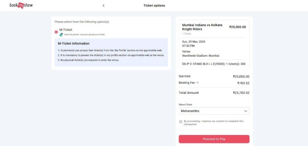 Step 7 : How to book Wankhede Stadium IPL 2026 Tickets Step 7 : How to book Wankhede Stadium IPL 2026 Tickets