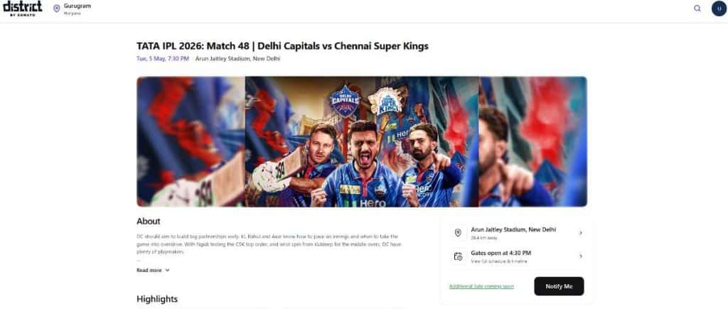 DC vs CSK Ticket Booking Guide IPL 2026