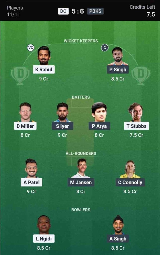 Dream11 Team for DC vs PBKS IPL 2026 Match 35
