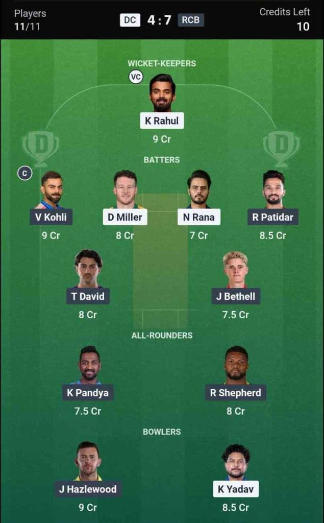 Dream11 Team for DC vs RCB IPL 2026