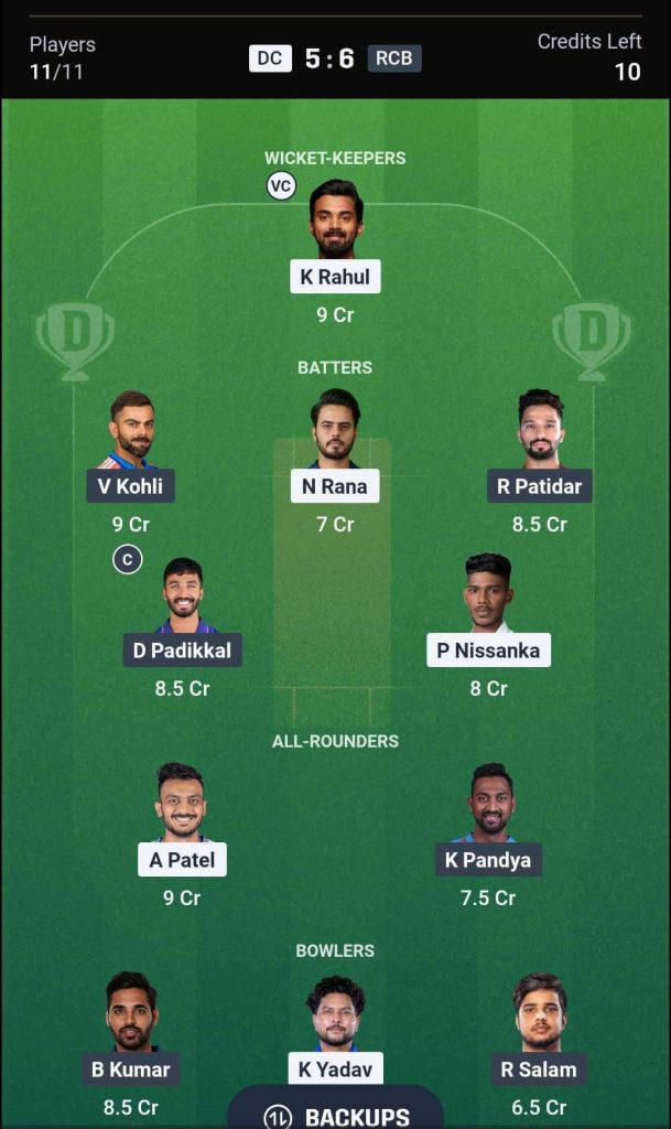 DC vs RCB IPL 2026 Match 39 Dream11 Team 2