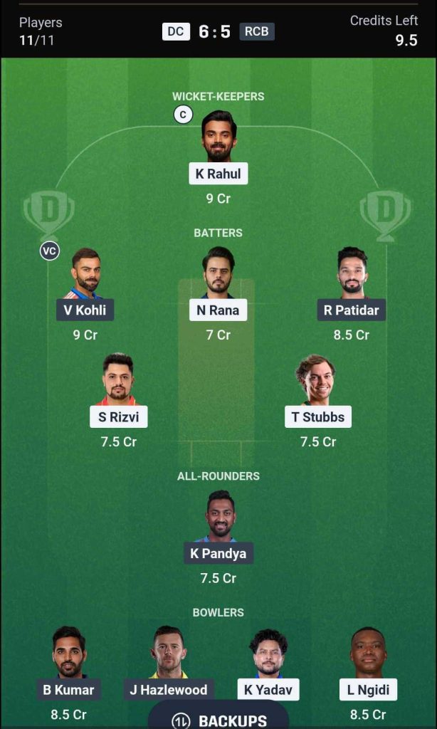 DC vs RCB IPL 2026 Match 39 Dream11 Team 3