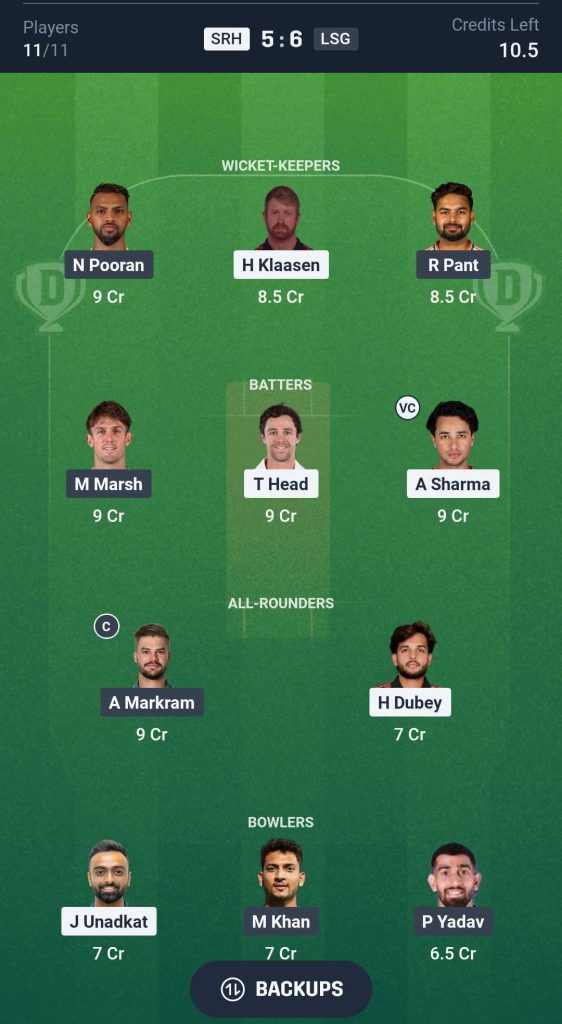 Dream11 Team 1 SRH vs LSG Match 10