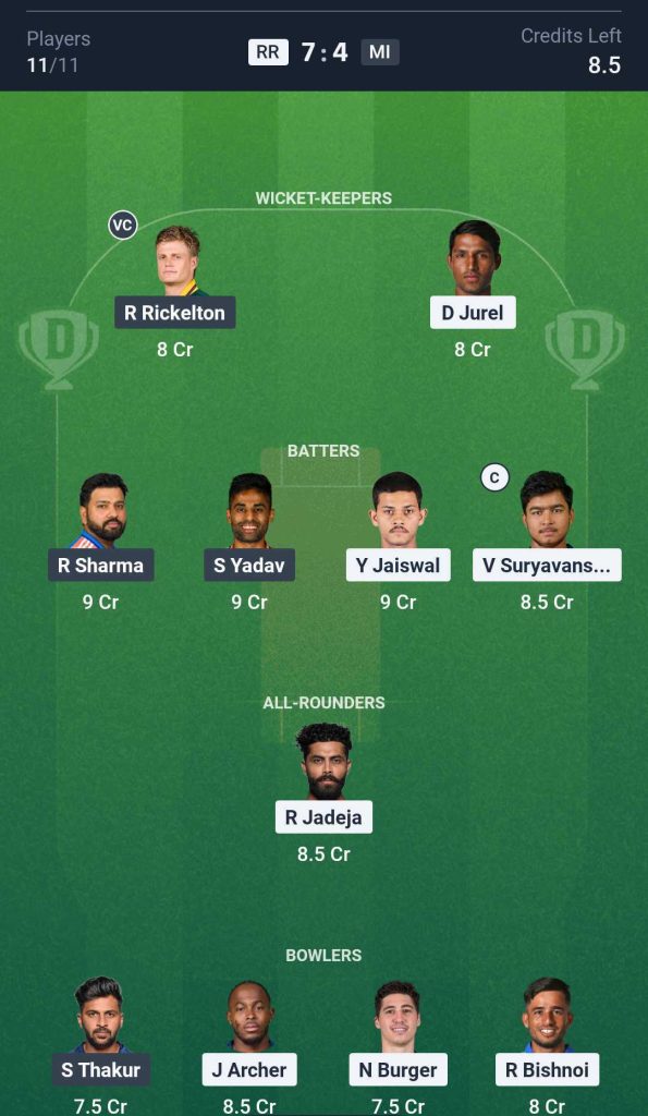 Dream11 Team 1 for RR vs MI IPL 2026 Match 13