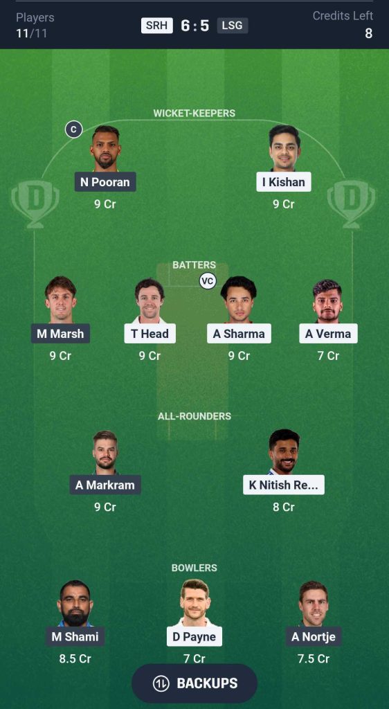 Dream11 Team 2 SRH vs LSG Match 10