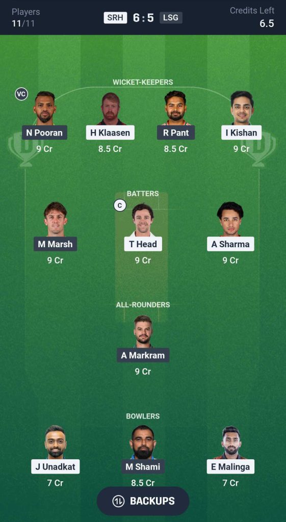 Dream11 Team 3 SRH vs LSG Match 10