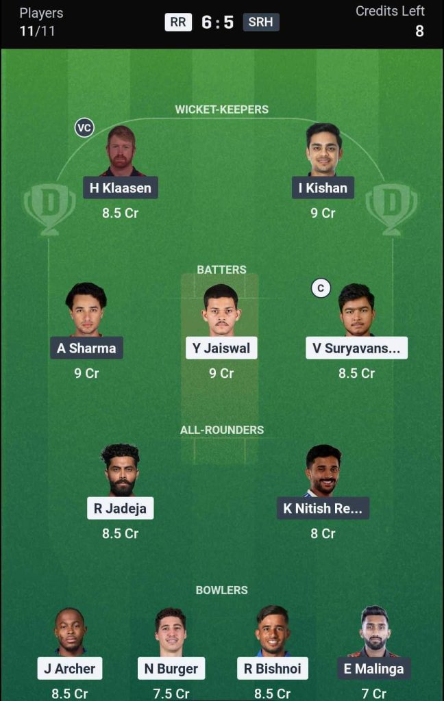Dream11 Team For RR vs SRH Team 2