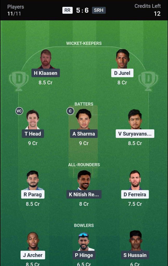 Dream11 Team For RR vs SRH Team 3