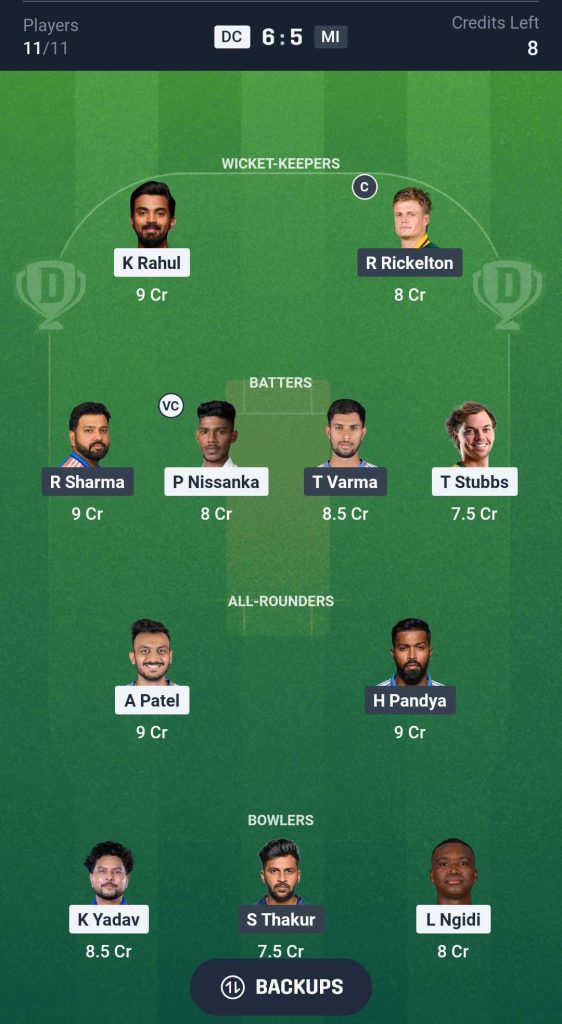 Dream11 Team for Delhi Capitals vs Mumbai Indians