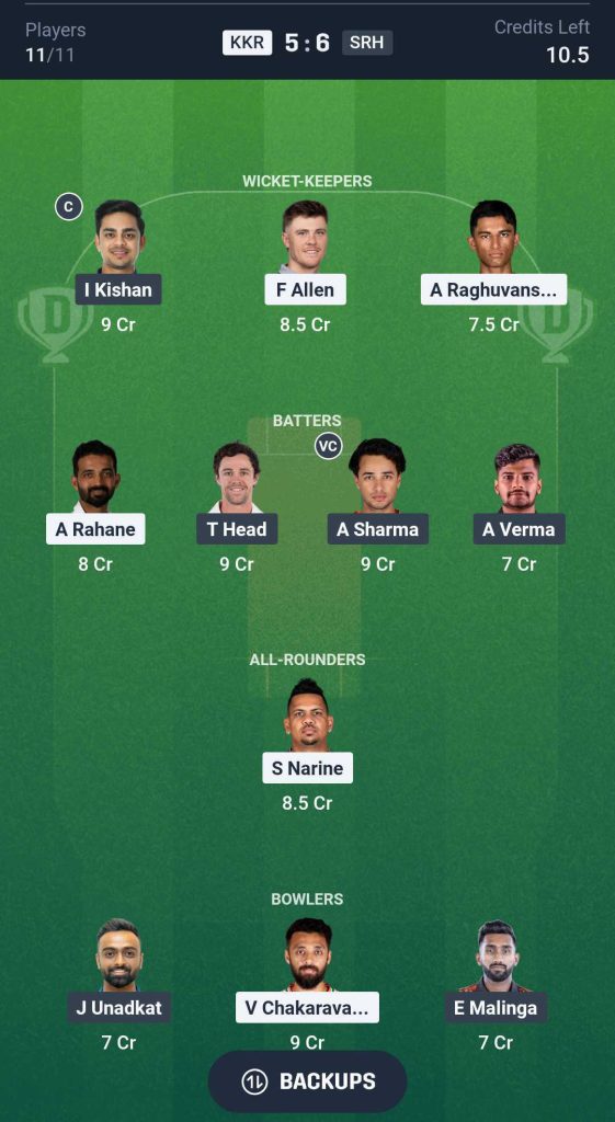 Dream11 Team for Kolkata Knight Riders vs Sunrisers Hyderabad Dream11 Team for Kolkata Knight Riders vs Sunrisers Hyderabad