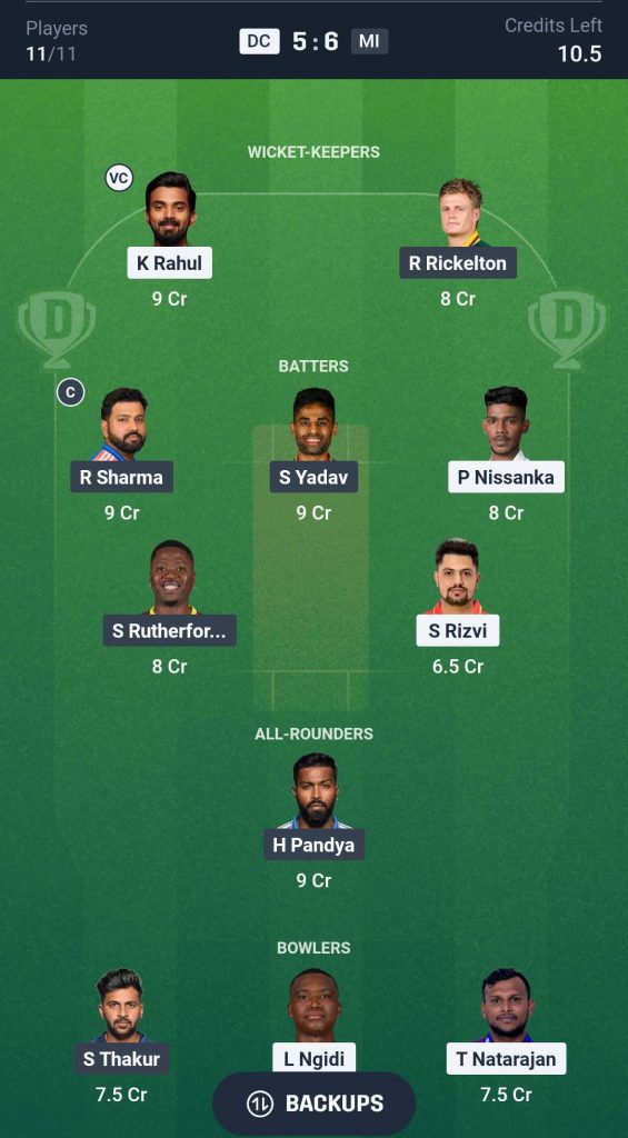 Dream11 Team 3 for Delhi Capitals vs Mumbai Indians