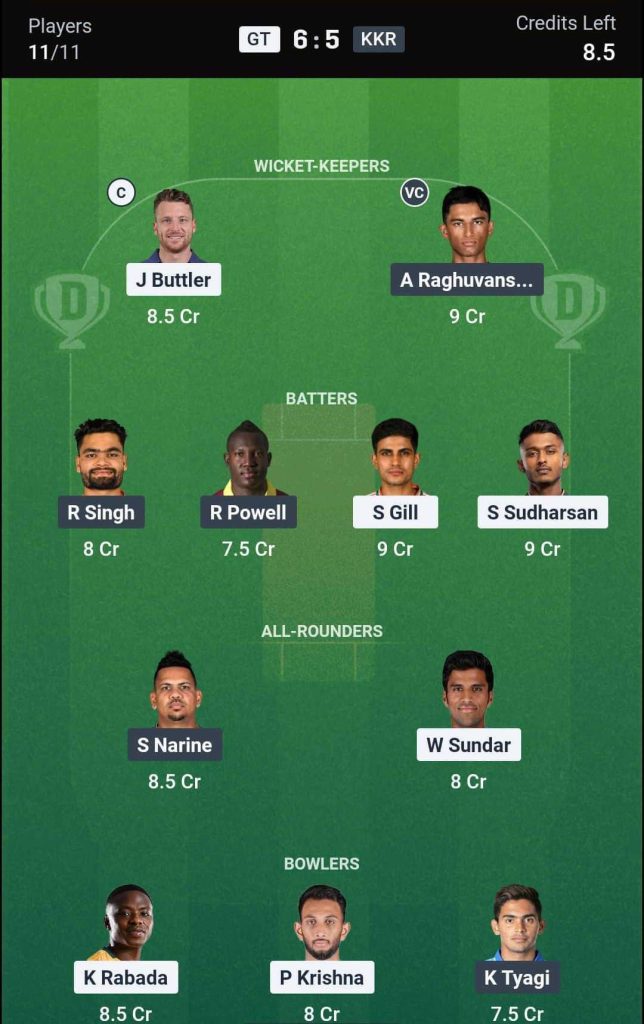 GT vs KKR IPL 2026 Match 25 Dream11 Team 2