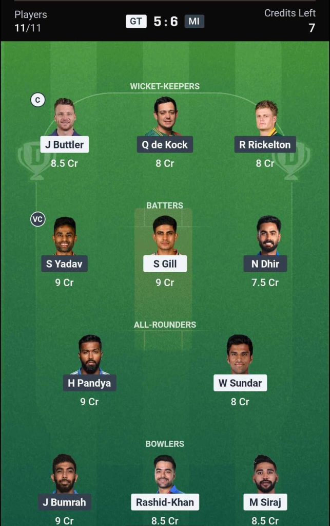 GT vs MI IPL 2026 Match 30 Dream11 Team 3