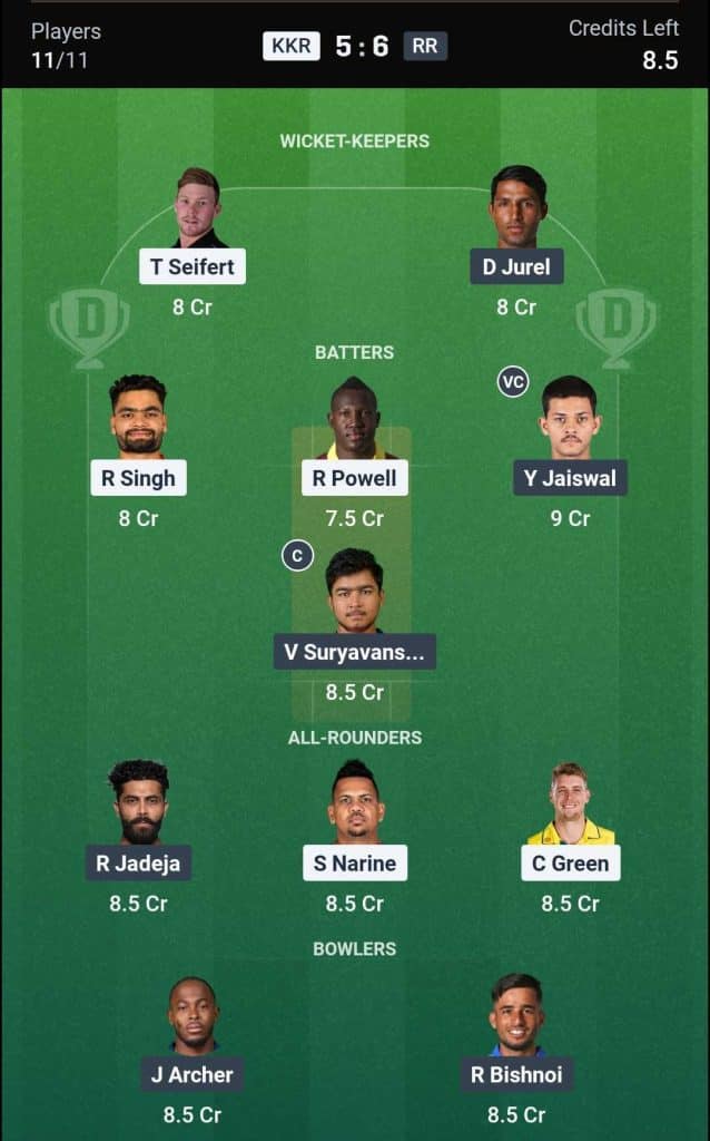 KKR vs RR IPL 2026 Match 28 Dream11