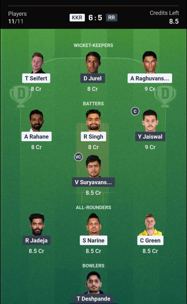 KKR vs RR IPL 2026 Match 28 Dream11 Team 3