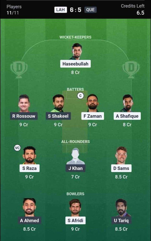 Dream11 Team for Lahore Qalandars vs Quetta Gladiators