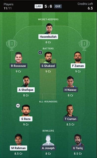 Dream11 Team for Lahore Qalandars vs Quetta Gladiators
