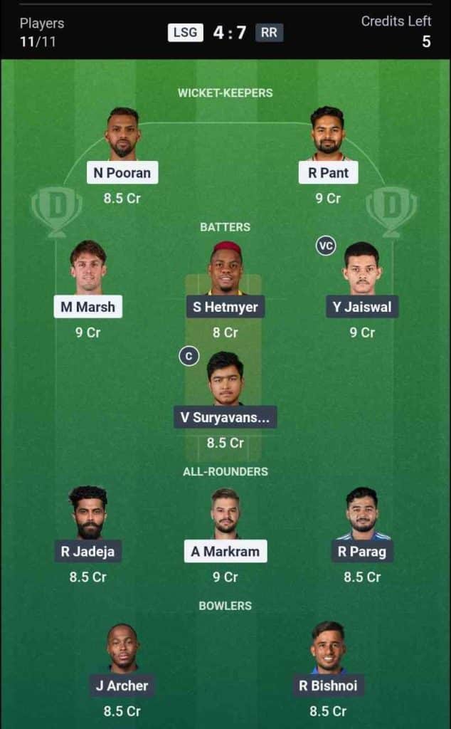 Dream 11 Team for LSG vs RR IPL 2026 Match 32