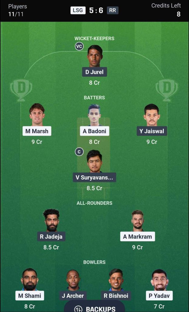 LSG vs RR IPL 2026 Match 32 Dream11 Team 3