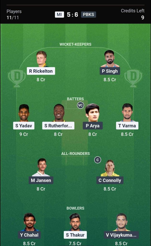 MI vs PBKS IPL 2026 Match 24 Dream11 Team 2