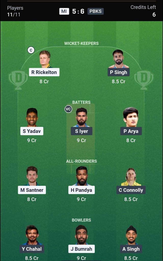 MI vs PBKS IPL 2026 Match 24 Dream11 Team 3