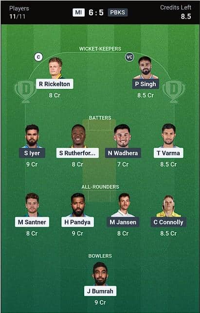 Dream 11 Team for MI vs PBKS IPL 2026 Match 24