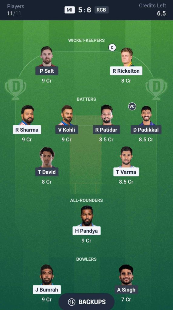 MI vs RCB, IPL 2026 Match 20 Dream11 Team 1 MI vs RCB, IPL 2026 Match 20 Dream11 Team 1