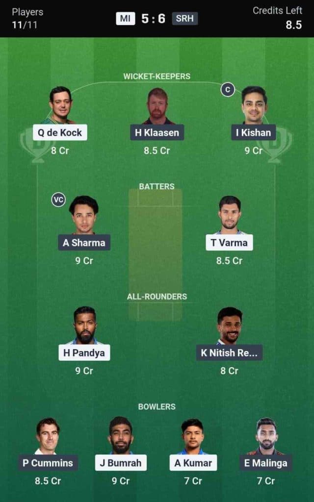 Dream11 Team for MI vs SRH IPL 2026 Match 41