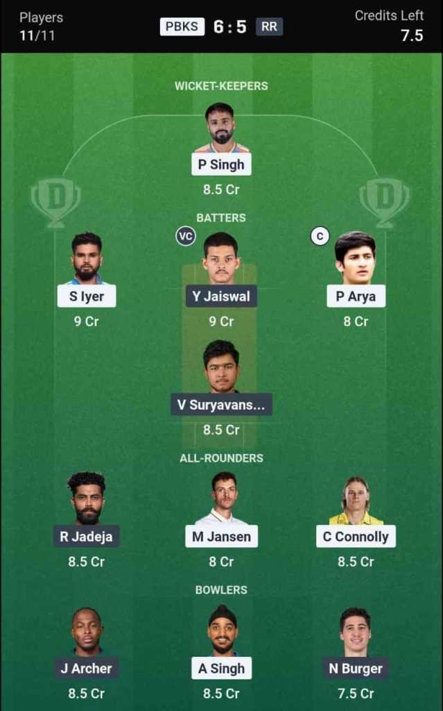 Dream11 Team for PBKS vs RR IPL 2026 Match 40