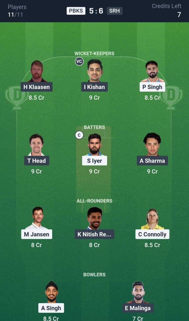 PBKS vs SRH, IPL 2026 Match 17 Dream11 Team 2
