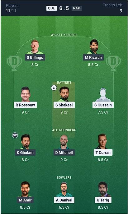 Dream11 Team for Quetta Gladiators vs Rawalpindi Pindiz