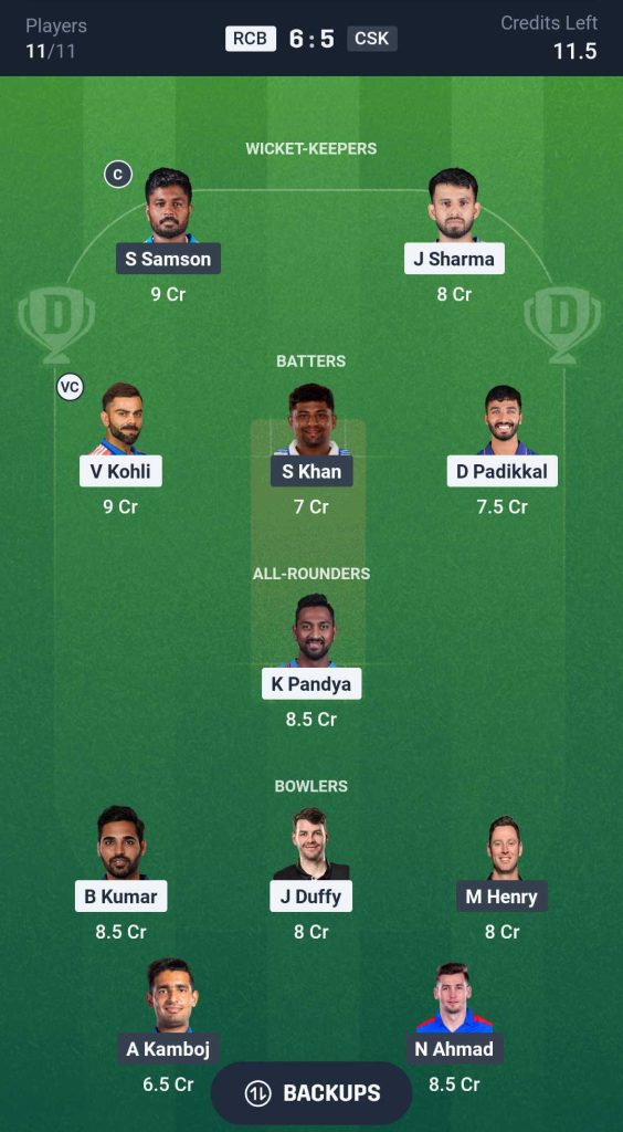 RCB vs CSK Match 11 Dream11 Team 1 Prediction IPL RCB vs CSK Match 11 Dream11 Team 1 Prediction IPL