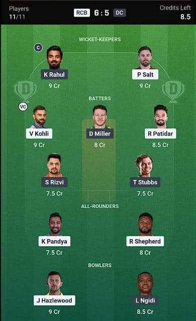 RCB vs DC IPL 2026 Match 26 Dream 11 Team